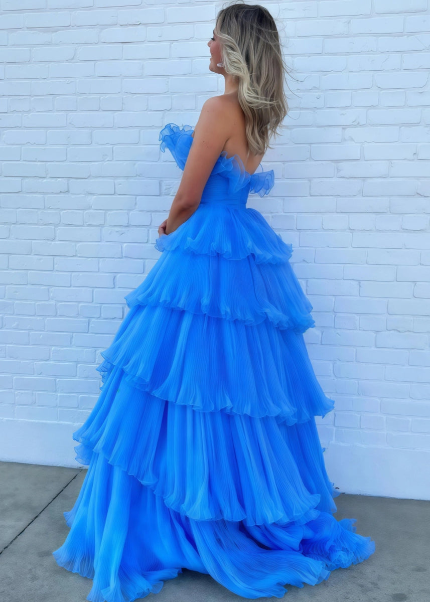 Joanna | A Line Royal Blue Light Pink Strapless Corset Formal Dress with Ruffle - Royal Blue - PromDressClub