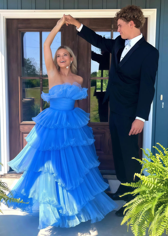 Joanna | A Line Royal Blue Light Pink Strapless Corset Formal Dress with Ruffle - Royal Blue - PromDressClub