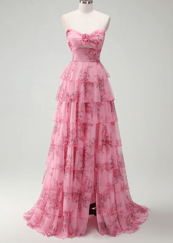 Joanna | Blush Floral A Line Long Prom Dress with Slit - Price #price_variant_lowest# - Blush Floral - PromDressClub