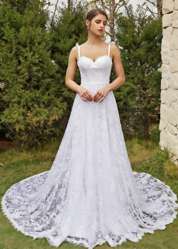 Joanna | Elegant A Line Lace Spaghetti Strap Sweetheart Neckline White Wedding Dress with Court Train - White - PromDressClub