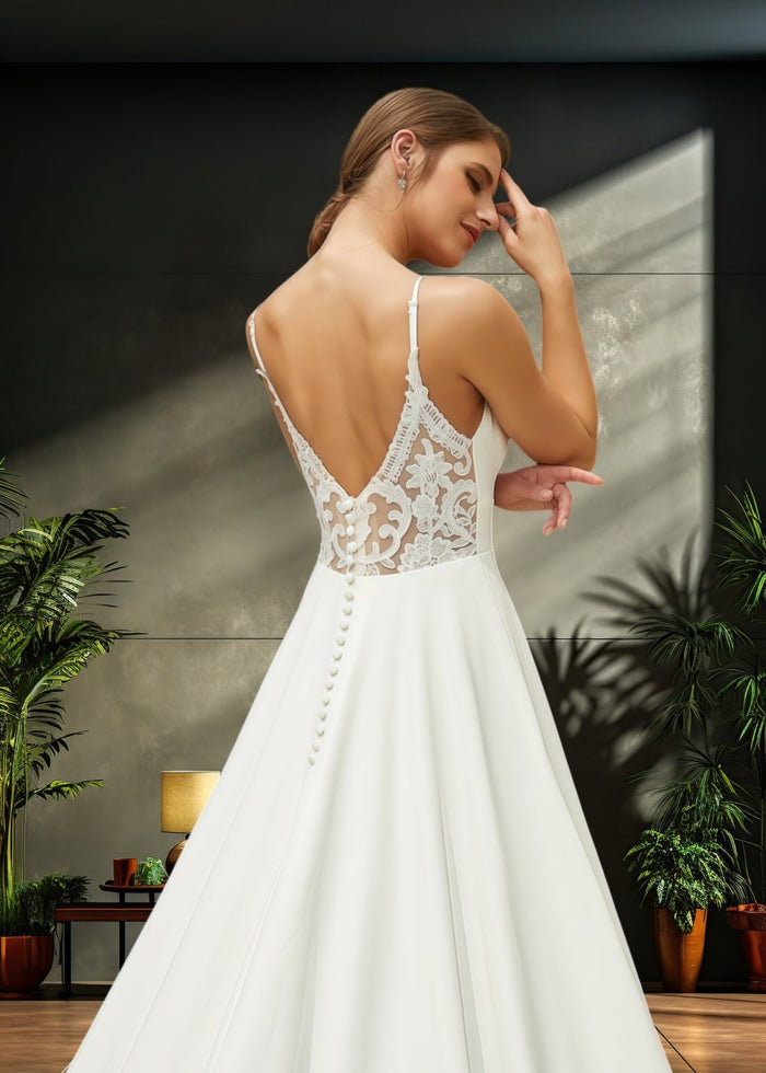 Joanne | Elegant Princess Satin V Neck Spaghetti Strap Wedding Dress with Court Train for Outdoor Weddings - Ivory - PromDressClub