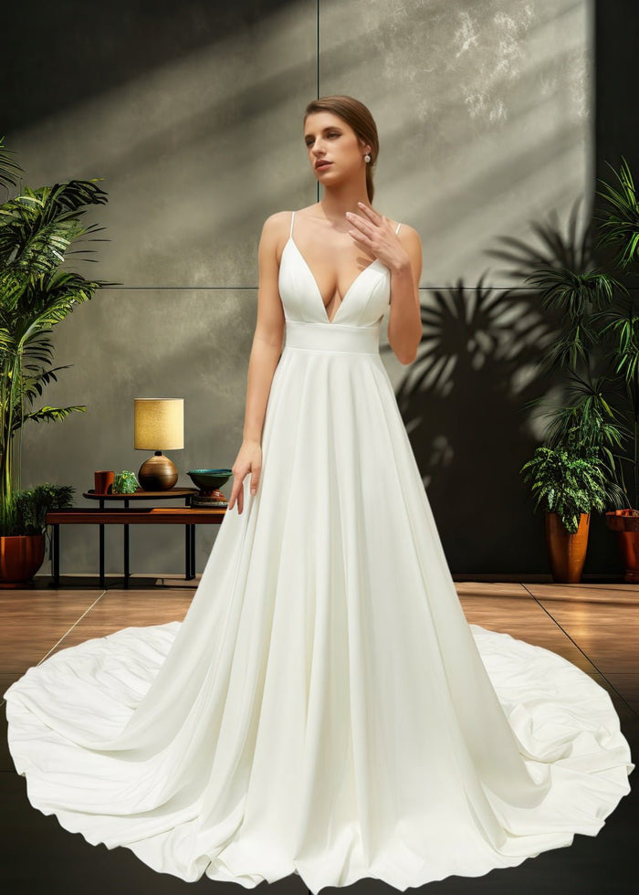 Joanne | Elegant Princess Satin V Neck Spaghetti Strap Wedding Dress with Court Train for Outdoor Weddings - Ivory - PromDressClub