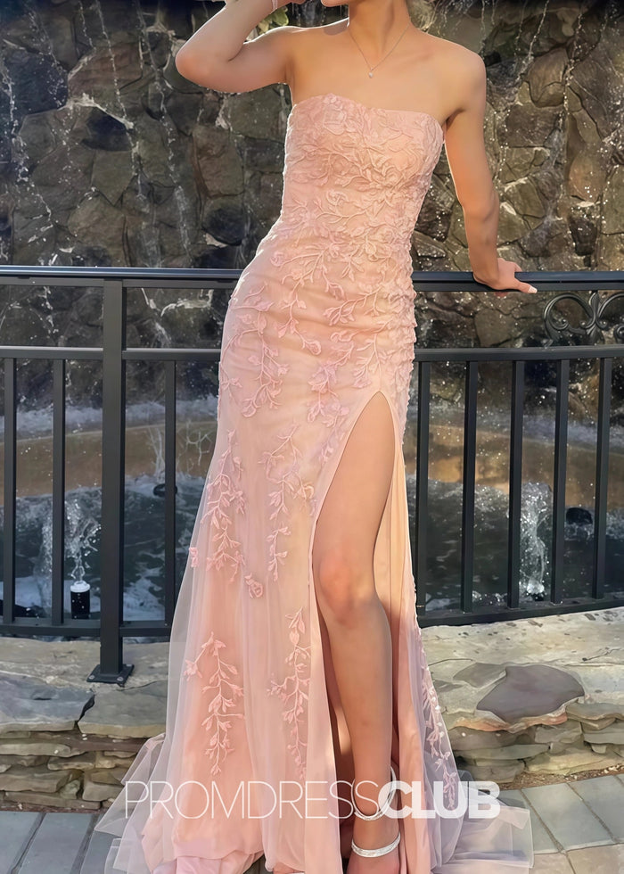 Joanne |Light Pink Long Prom Dresses Store With Strapless Lace Appliques Mermaid Scoop Side Slit - Price #price_variant_lowest# - Light Pink - PromDressClub