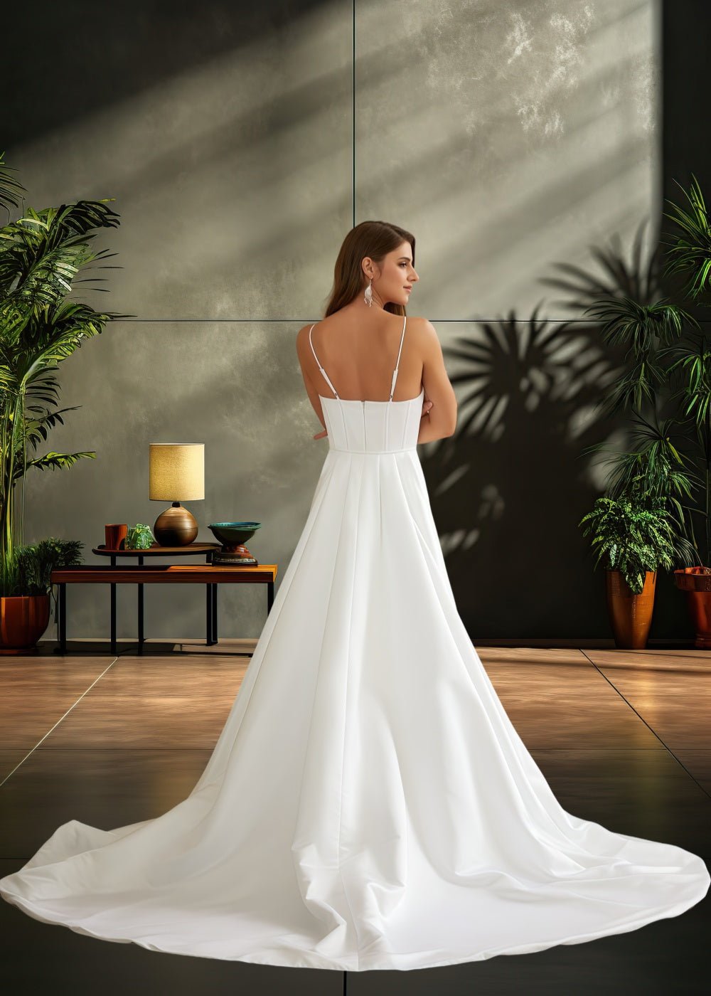 Jocelyn | Elegant Sheatn/Column Ivory Satin Spaghetti Strap Corset Wedding Dress with Side Slit - Ivory - PromDressClub