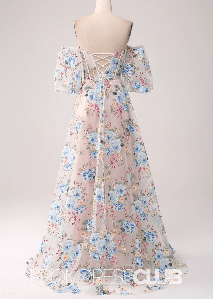 Jocelyn | White Floral A - Line Strapless Corset Long Prom Dress - Price #price_variant_lowest# - White Floral - PromDressClub