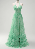 Josephine | Green Floral Corset Ruffles A - Line Long Prom Dress - Green Floral - PROMDRESS Club