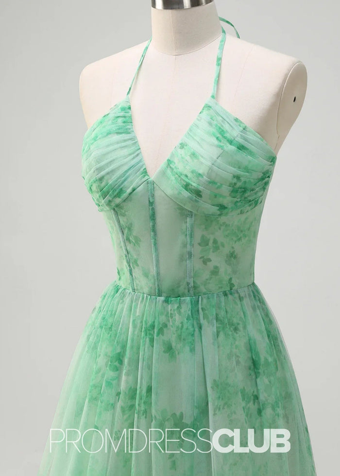 Josephine | Green Floral Corset Ruffles A - Line Long Prom Dress - Price #price_variant_lowest# - Green Floral - PromDressClub