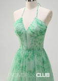 Josephine | Green Floral Corset Ruffles A - Line Long Prom Dress - Green Floral - PROMDRESS Club