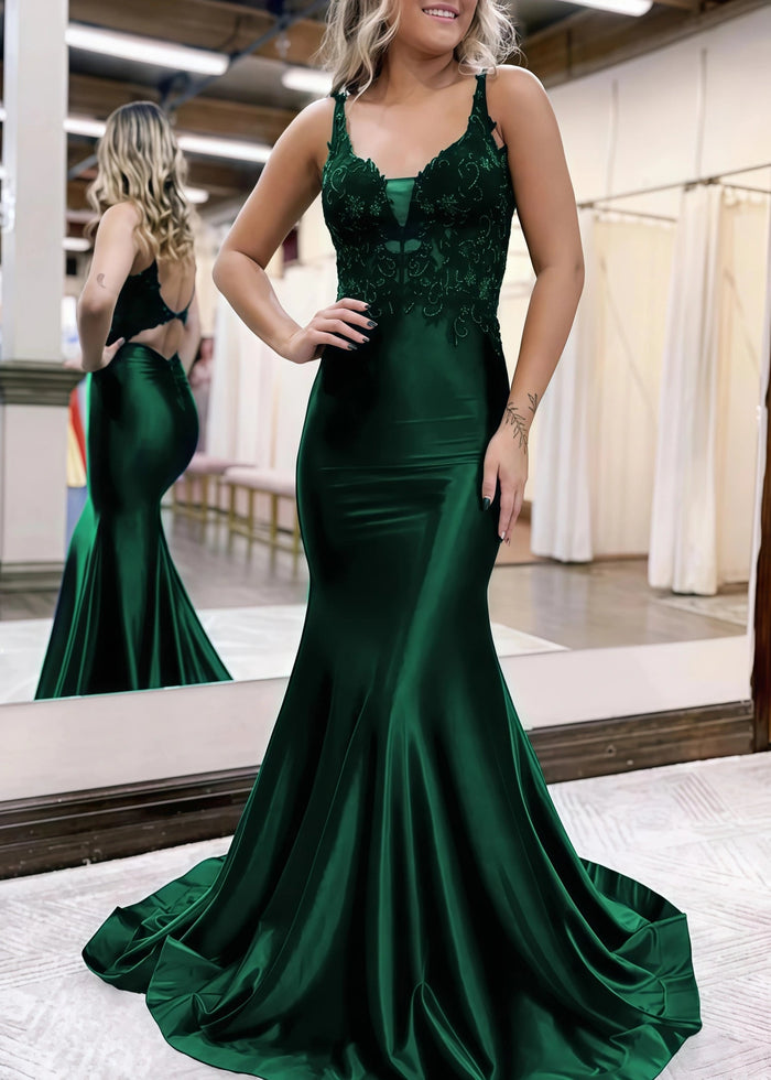 Josephine | Mermaid Navy Blue Black V Neck Corset Backless Lace Satin Formal Dress - Dark Green - PromDressClub