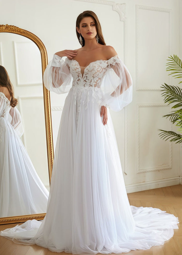 Josephine | Off the Shoulder Long Puff Sleeve Lace Tulle Wedding Dress with Court Train and Applique - White - PromDressClub
