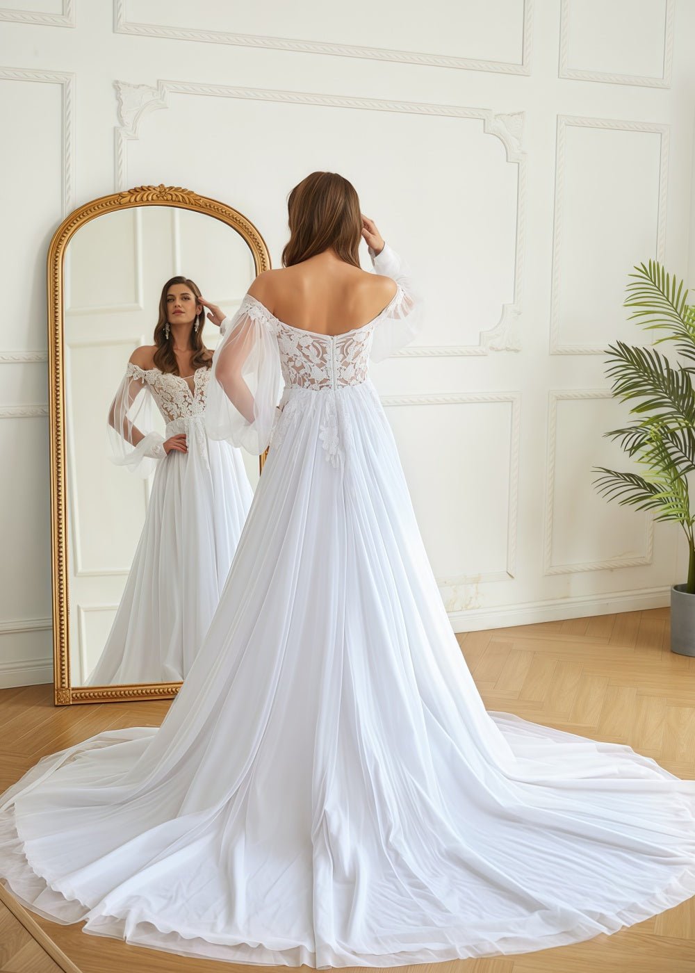 Josephine | Off the Shoulder Long Puff Sleeve Lace Tulle Wedding Dress with Court Train and Applique - White - PromDressClub