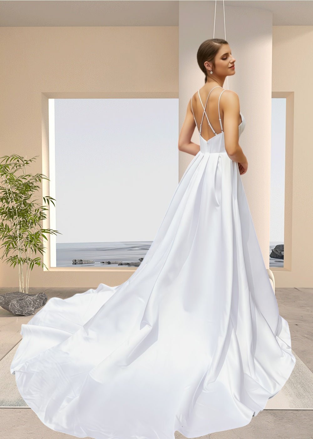 Joy | Ball - gown/Princess Satin Spaghetti Strap V Neck Wedding Dress with High Slit and Court Train - White - PromDressClub