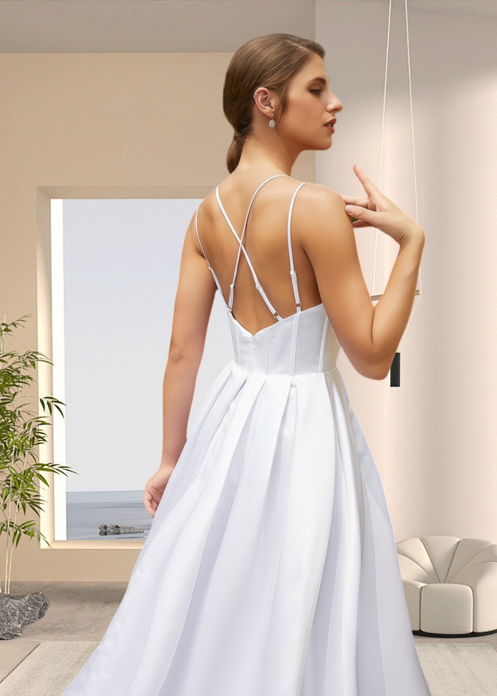 Joy | Ball - gown/Princess Satin Spaghetti Strap V Neck Wedding Dress with High Slit and Court Train - White - PromDressClub