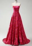 Joy | Red Floral A - Line Strapless Maxi Formal Dress - Red Floral - PROMDRESS Club