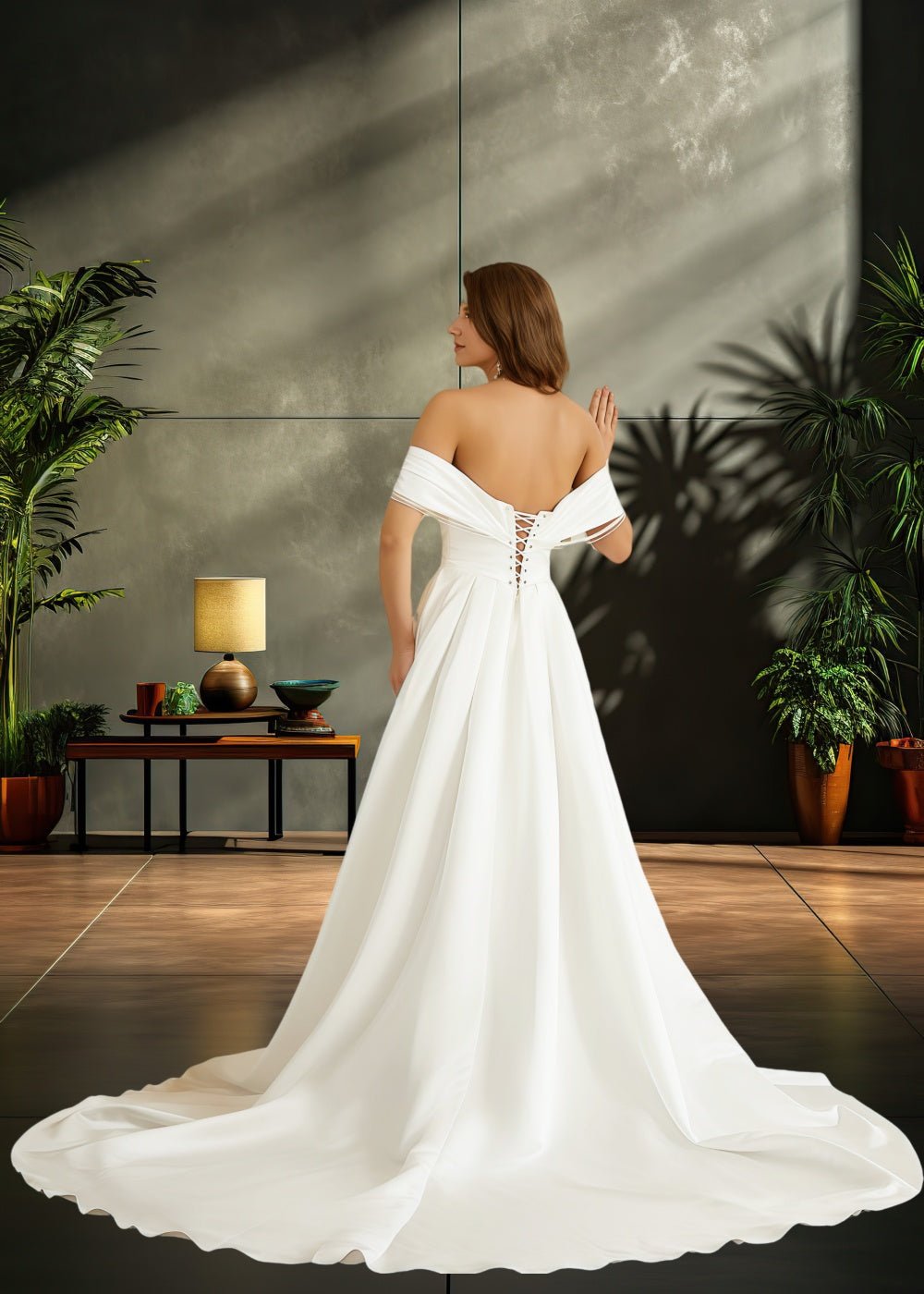 Joyce | A Line/Princess Off the Shoulder Sweetheart Neck Satin Ruched Wedding Dress with Slit - Ivory - PromDressClub