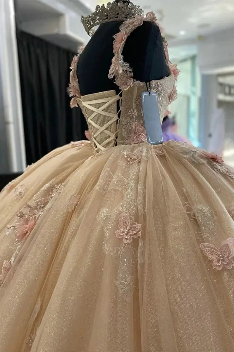 Joyce | Discover Our Floral Champagne Quinceañera Dresses - Shine at Your Big Day! - Champagne - PromDressClub