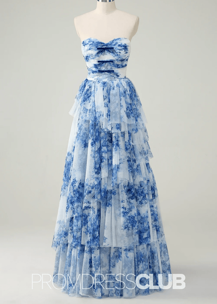 Joyce | White Blue Flower Strapless Tiered Tulle Long Prom Dress - Price #price_variant_lowest# - Blue Floral - PromDressClub