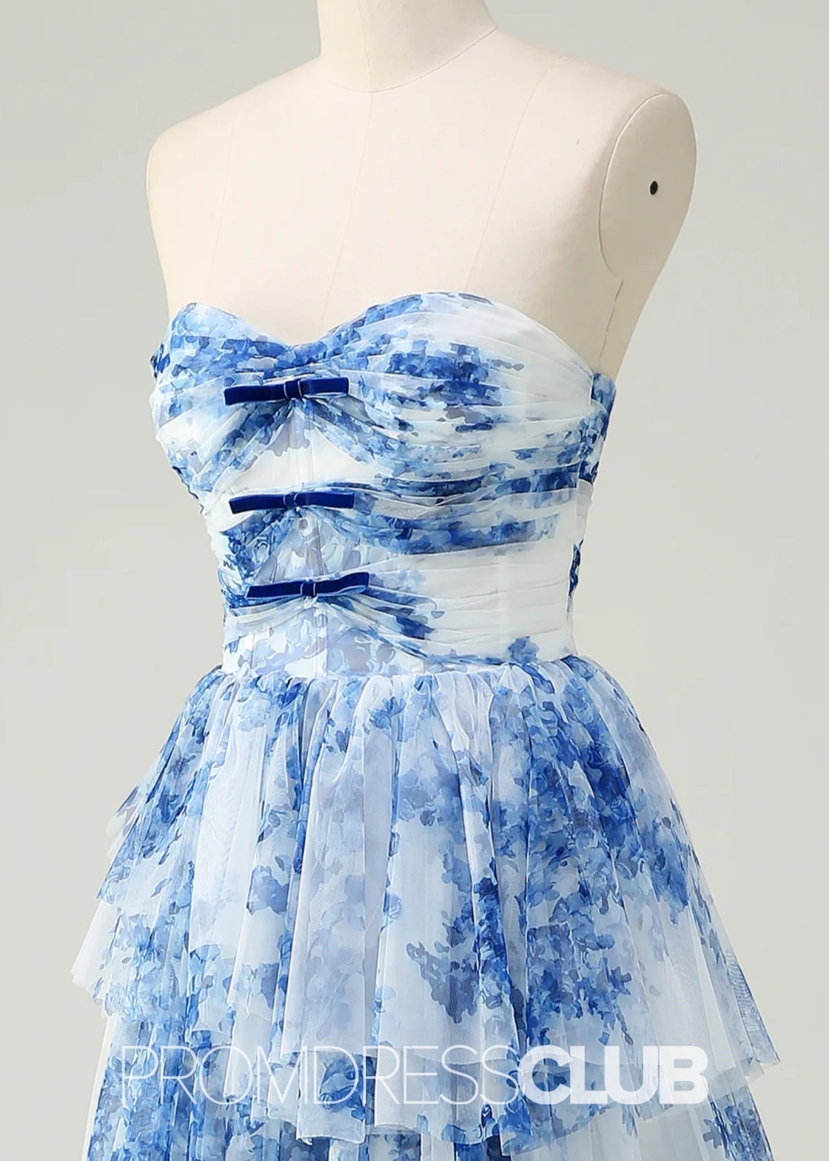 Joyce | White Blue Flower Strapless Tiered Tulle Long Prom Dress - Blue Floral - PROMDRESS Club