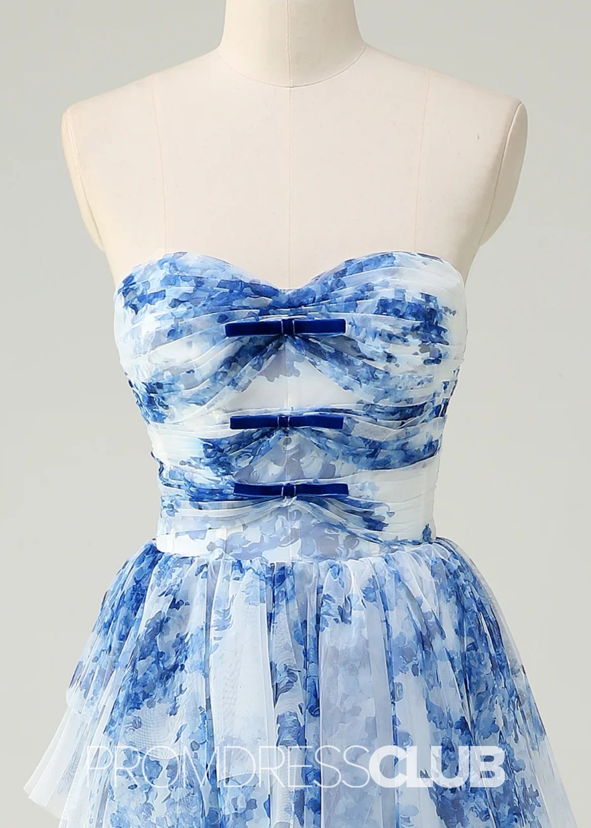 Joyce | White Blue Flower Strapless Tiered Tulle Long Prom Dress - Blue Floral - PROMDRESS Club