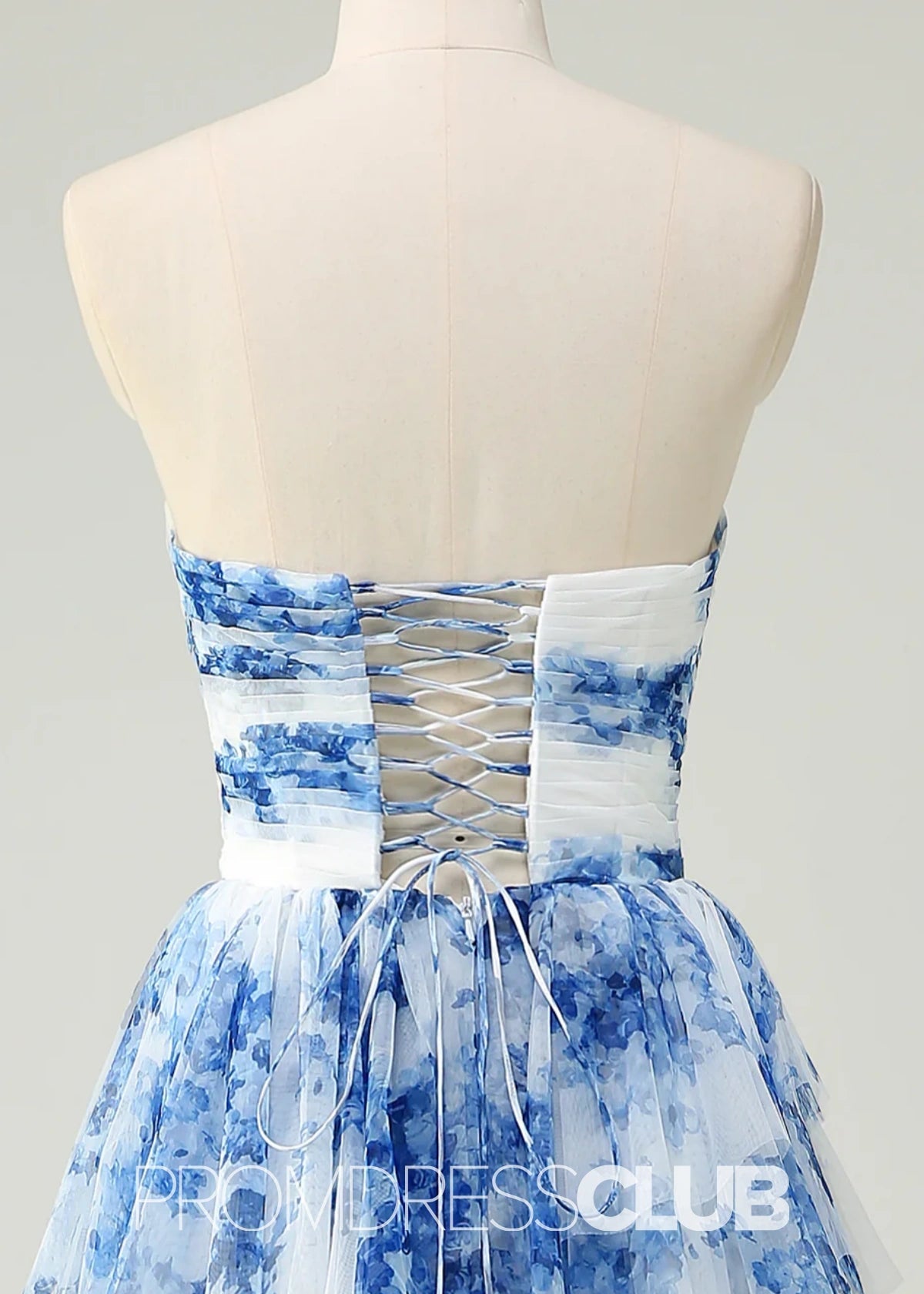 Joyce | White Blue Flower Strapless Tiered Tulle Long Prom Dress - Blue Floral - PROMDRESS Club