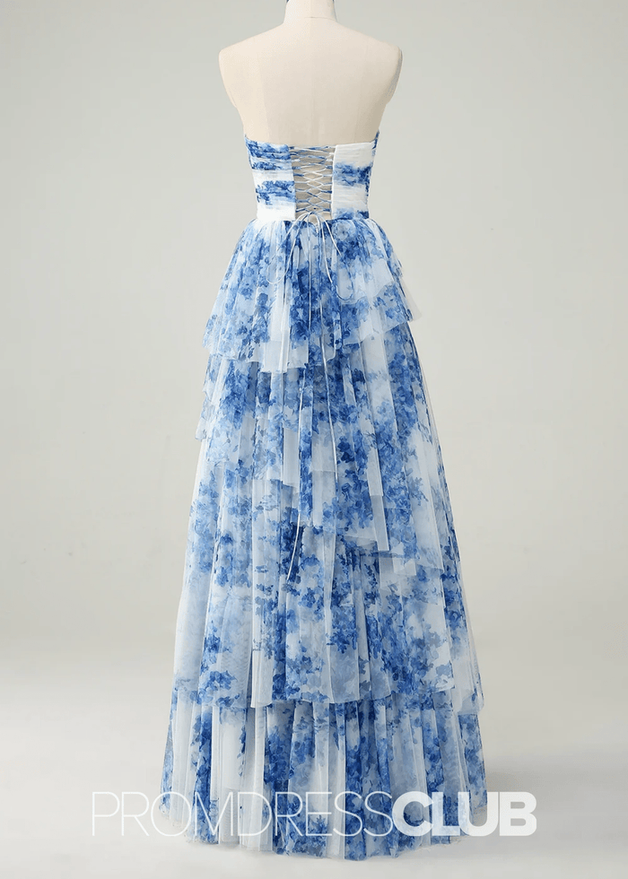 Joyce | White Blue Flower Strapless Tiered Tulle Long Prom Dress - Price #price_variant_lowest# - Blue Floral - PromDressClub