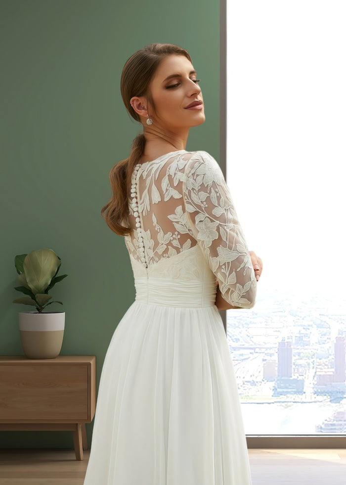 Judith | Elegant Boho V Neck Lace Half Sleeve Chiffon Wedding Dress with Floor Length - White - PromDressClub