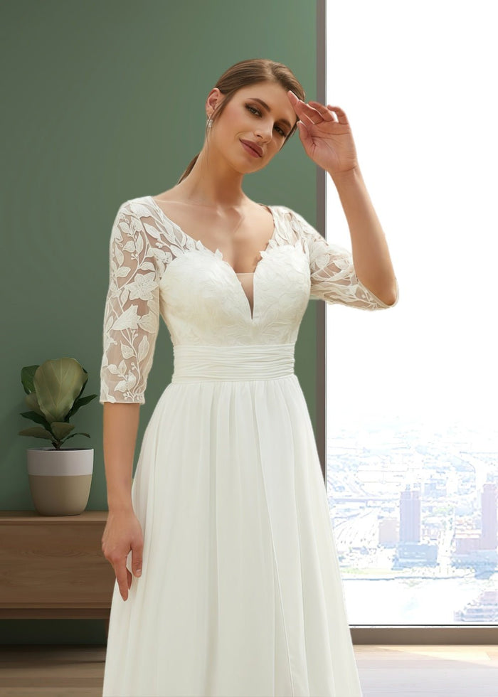 Judith | Elegant Boho V Neck Lace Half Sleeve Chiffon Wedding Dress with Floor Length - White - PromDressClub