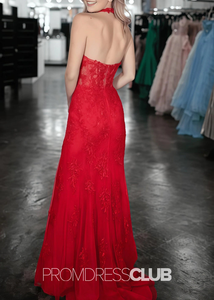 Judith |Long Plus Size Black Prom Dresses Shops With Halter V - Neck Lace Appliques Mermaid Slit - Price #price_variant_lowest# - Red - PromDressClub