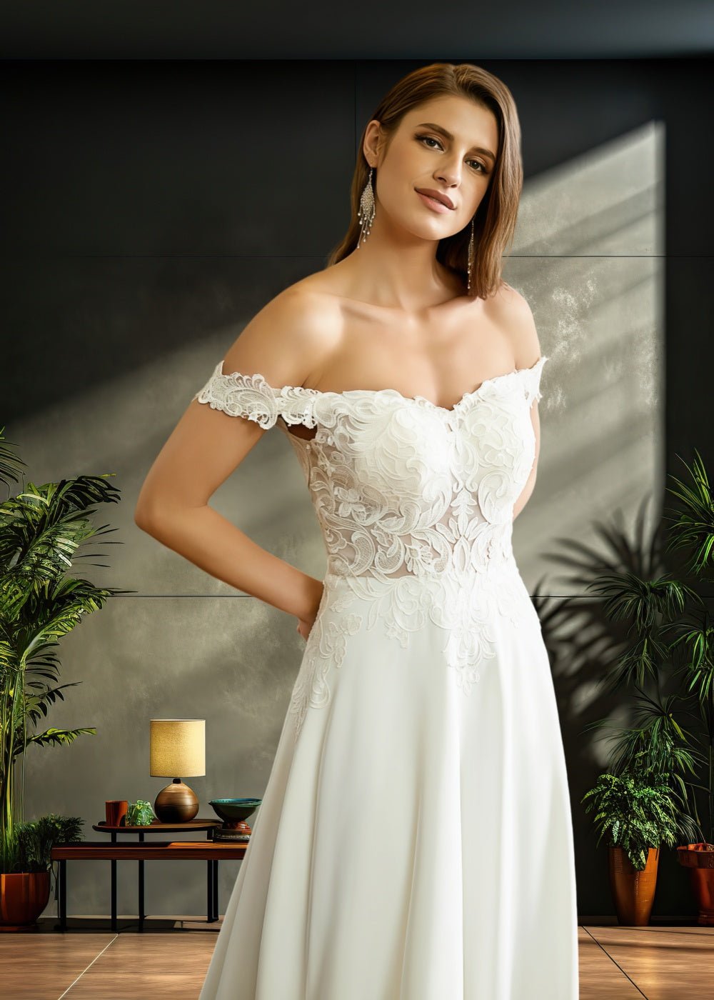 Judy | A Line Off the Shoulder Corset Lace and Satin Ivory Wedding Dress with Court Train - Ivory - PromDressClub