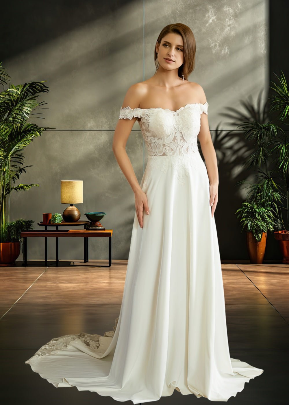 Judy | A Line Off the Shoulder Corset Lace and Satin Ivory Wedding Dress with Court Train - Ivory - PromDressClub