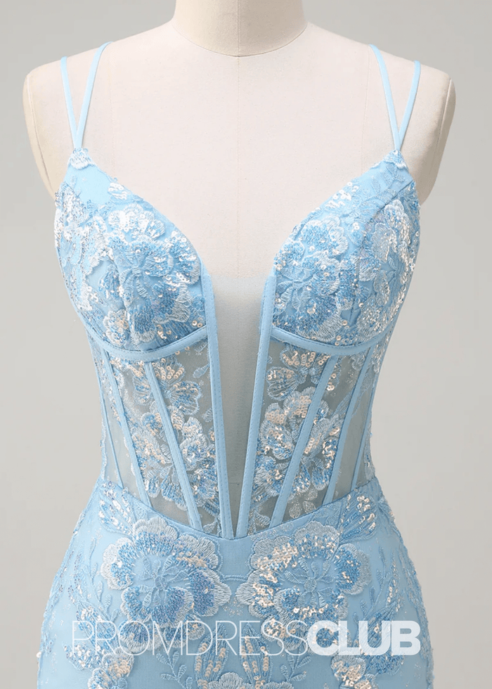 Julia | Sparkly Light Blue Sequin Mermaid Corset Long Prom Dress - Price #price_variant_lowest# - Light Blue Floral - PromDressClub