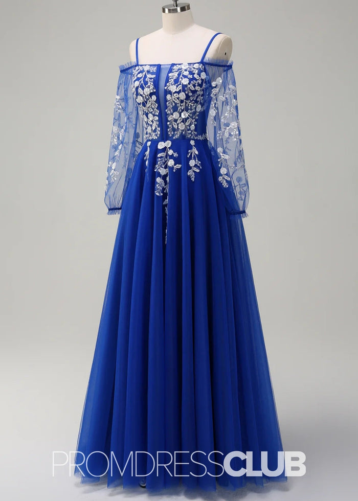Julie | A - Line Cold Shoulder Sparkly Royal Blue Long Prom Dress - Price #price_variant_lowest# - Royal Blue - PromDressClub