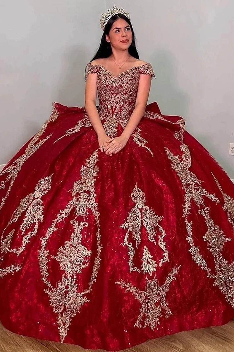 Julie | Shop Elegant Red Quince Dresses with Gold Accents - Flawless Ball Gowns - Red - PromDressClub