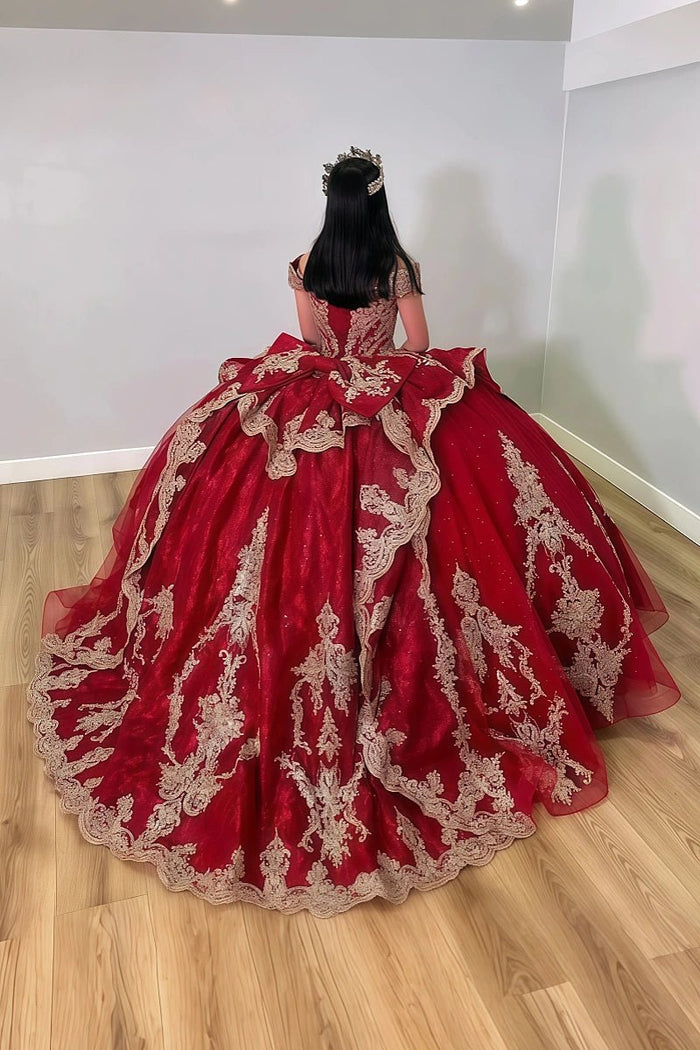 Julie | Shop Elegant Red Quince Dresses with Gold Accents - Flawless Ball Gowns - Red - PromDressClub