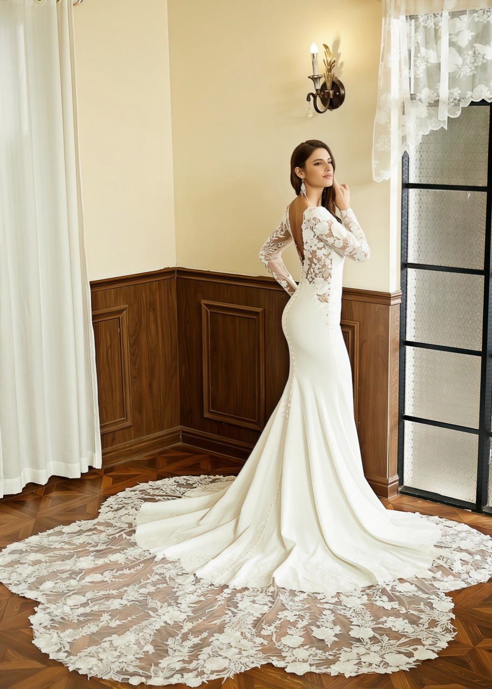 Juliet | Exquisite High Neck Backless Long Sleeve Mermaid Wedding Dress with Lace Train from PDC - Ivory - PromDressClub