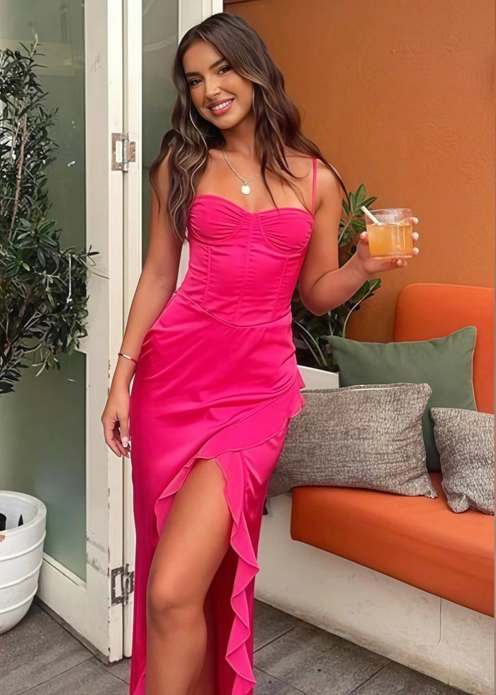 Juliet | Fabulous Hot Pink Satin Strapless Ruffle Prom Dress with Slit - Hot Pink - PromDressClub