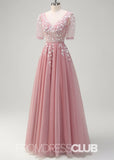 Juliet | Sparkly Blush Short Sleeves Tulle Long Prom Dress - Blush - PROMDRESS Club