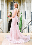 June | Mermaid Spaghetti Straps Light Pink Sequin Long Prom Dress - Light Pink - PROMDRESS Club