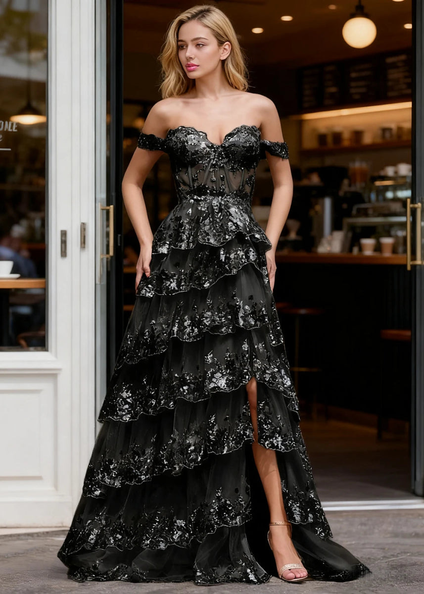 Kaleido Black Sequins Ruffle Prom Dress | A - Line Off the Shoulder Sweetheart Neckline Tiered Dress with Slit - US0 - PromDressClub