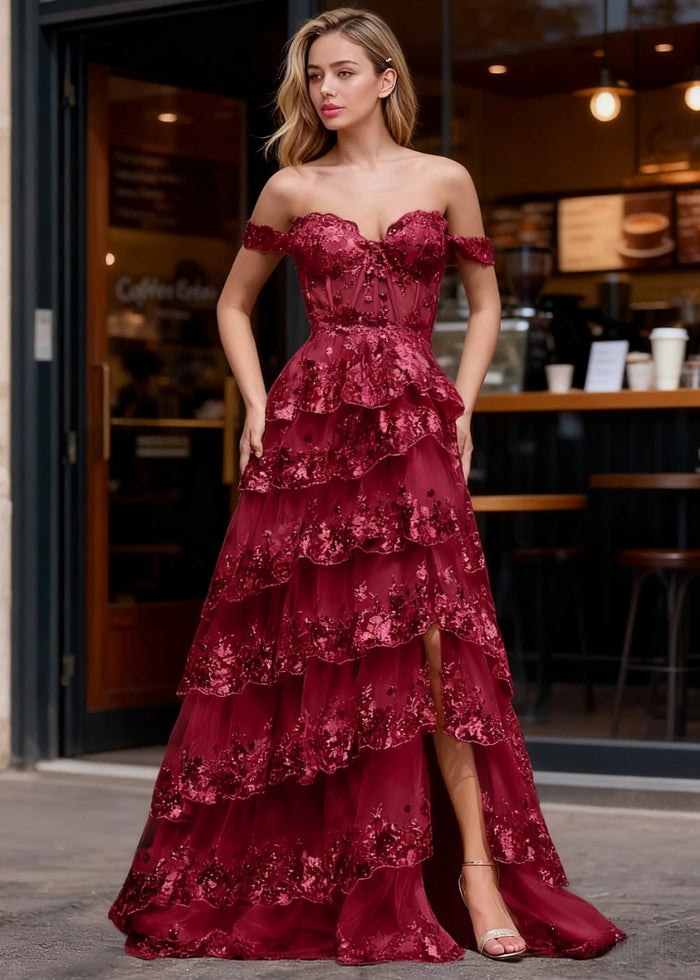 Kaleido Burgundy Sequins Ruffle Prom Dress | A - Line Off the Shoulder Sweetheart Neckline Tiered Dress with Slit - US0 - PromDressClub
