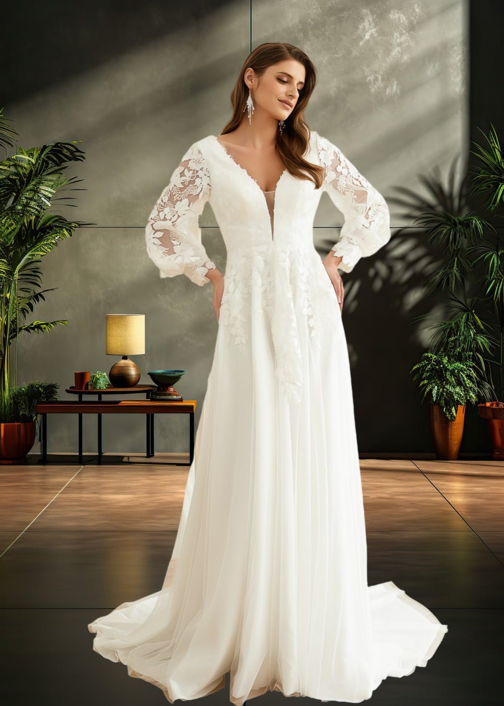 Kama | Elegant Sheath V Neck Lace Long Sleeve Ivory Chiffon Wedding Dress with Train from PDC - Ivory - PromDressClub