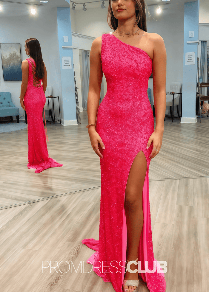 Kama |Long Red Prom Dresses Near Me With Sparkle Sequins Mermaid One Shoulder Slit - Price #price_variant_lowest# - Hot Pink - PromDressClub