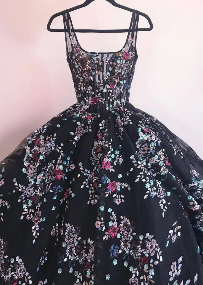 Kate | Ball Gown/Princess Blush Floral 3D Flower Square Neckline Prom Dress - Black Floral - PromDressClub