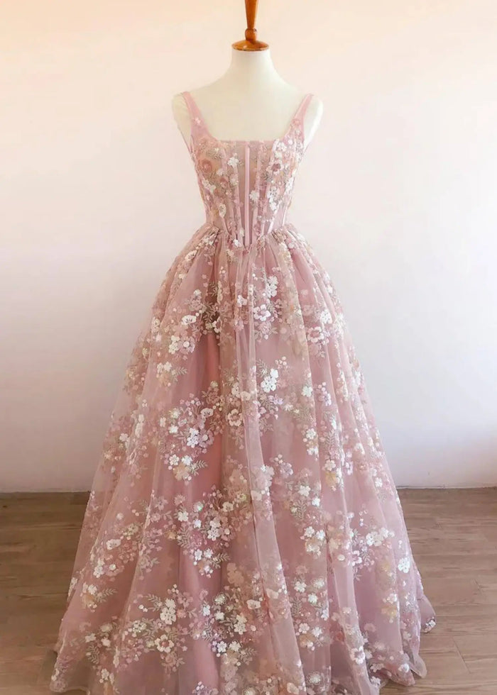 Kate | Ball Gown/Princess Blush Floral 3D Flower Square Neckline Prom Dress - Blush Floral - PromDressClub