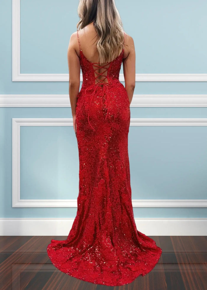 Kate | Sparkly Black Red Mermaid Strapless Strap Prom Dress with Slit and Train - Red - PromDressClub