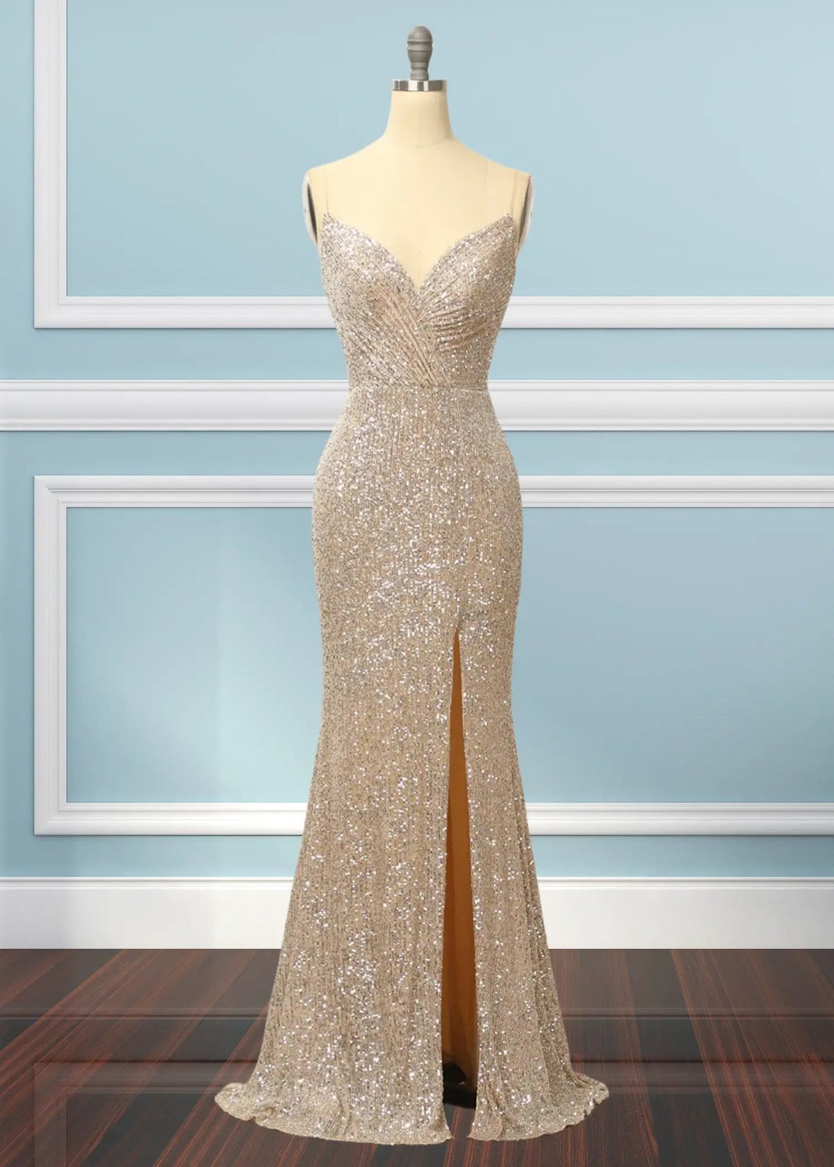 Kate |Trumpet Mermaid Silver Sequins Champagne Long Prom Dress with Slit - Champagne - US0 - PromDressClub