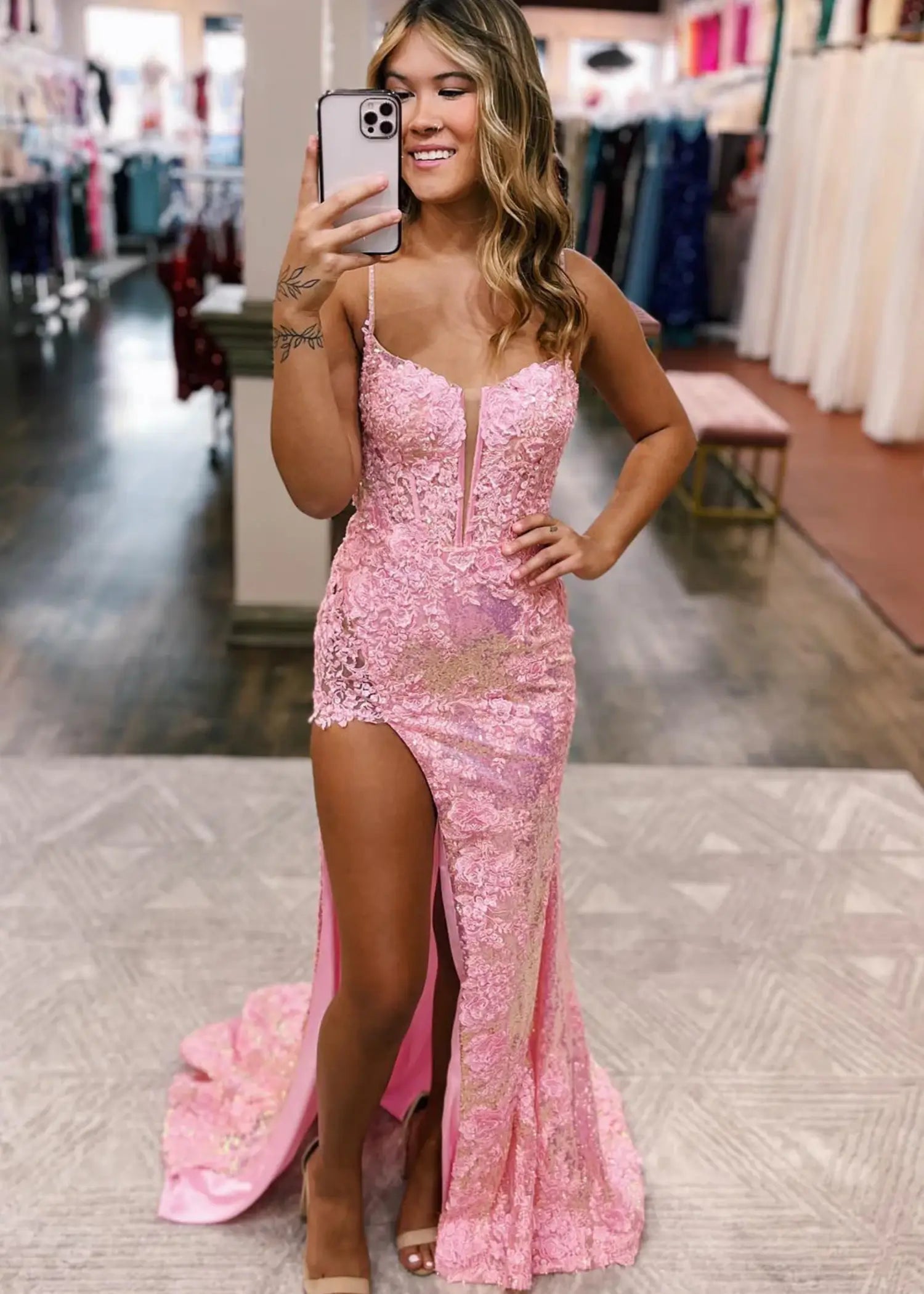 Kate |Trumpet Mermaid Spaghetti Sequins Straps Appliques Red Long Prom Dress with Slit - Pink - US0 - PromDressClub