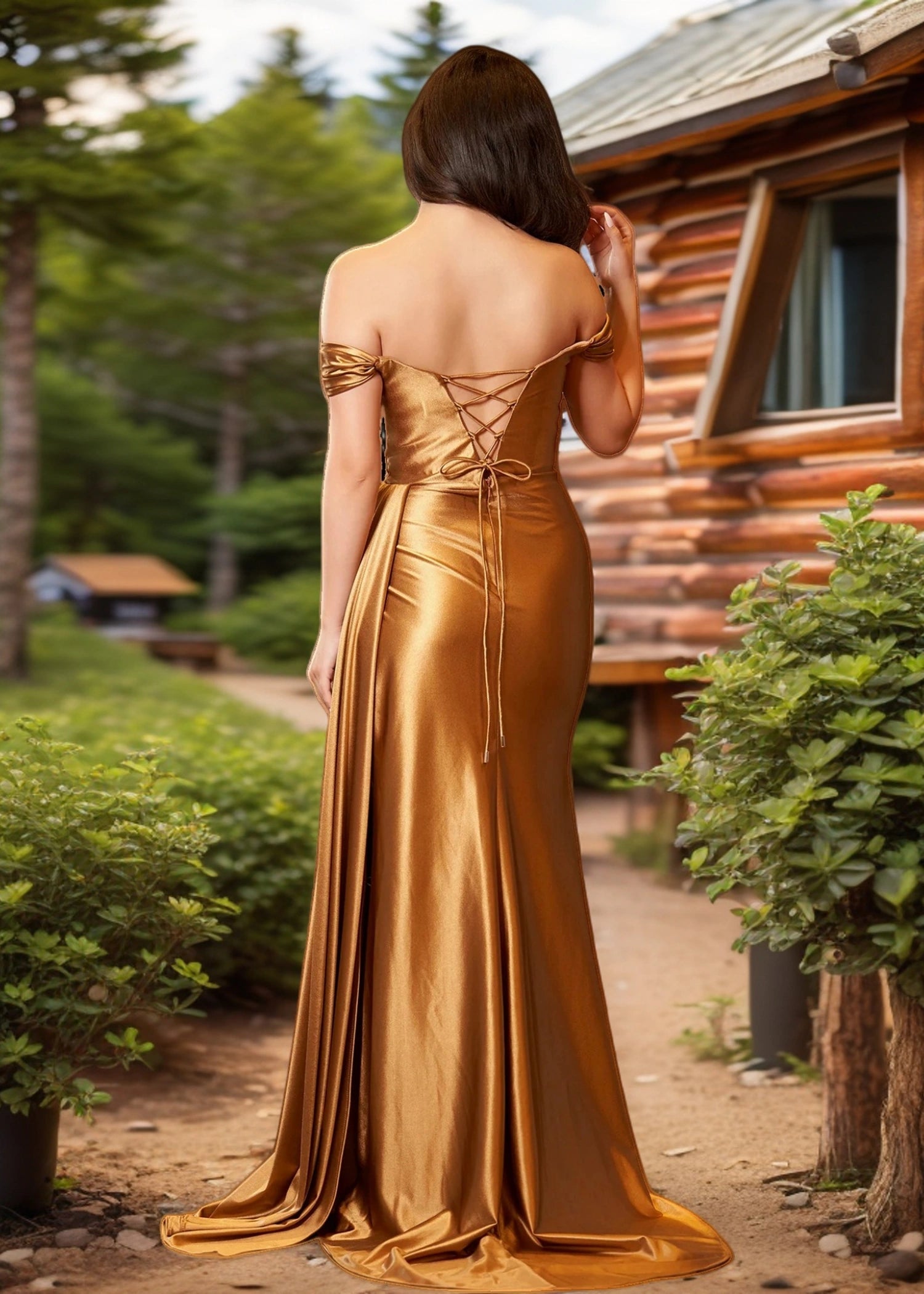 Katherine | Blue Prom Dresses Long Mermaid Satin Off the Shoulder with Slit - Gold - PromDressClub