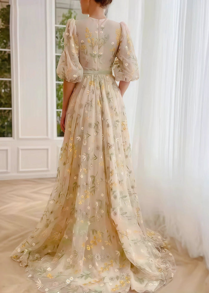 Katherine | Stunning Champagne High Neck Floral Prom Dress - Short Sleeve Elegance - Champagne Floral - PromDressClub