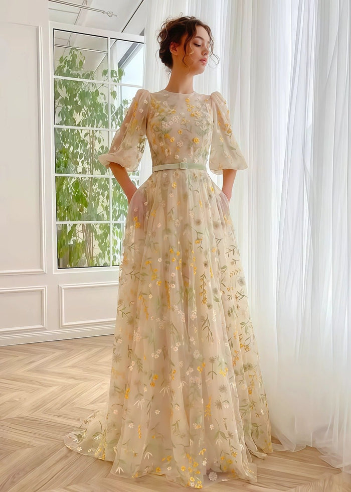 Katherine | Stunning Champagne High Neck Floral Prom Dress - Short Sleeve Elegance - Champagne Floral - PromDressClub